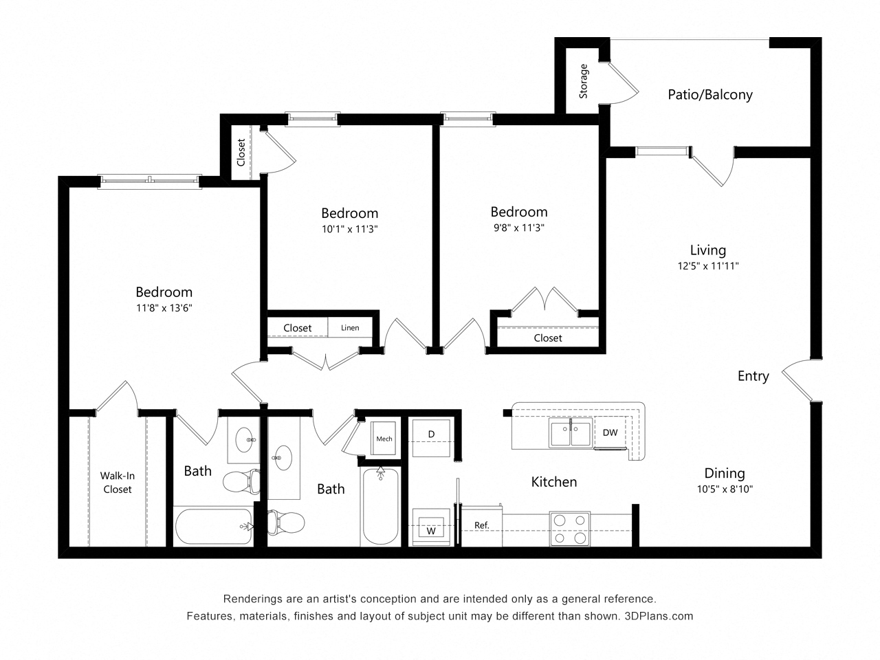 Floor plan for 3 beds, 2 baths, 1091 sqft